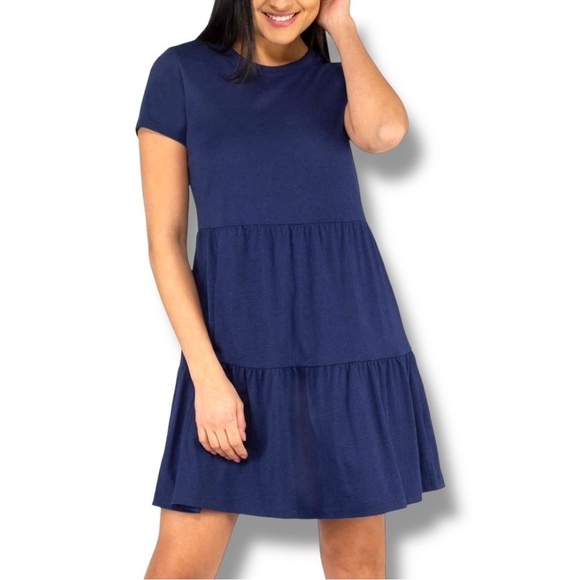 Nicole Miller Dresses & Skirts - Casual Navy Blue A-Line Tiered Short Sleeve Mini Dress with Crew Neck